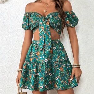 (Never Worn) Floral Print Off Shoulder Knot Crop Top & Ruffle Hem Skirt